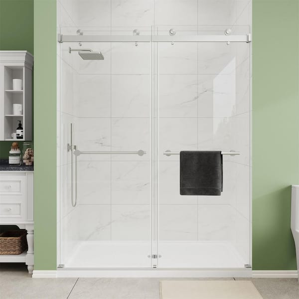 67 to 72 in. W x 72 in. H Frameless Double Sliding Shower Door in Brushed Nickel with Clear Tempered Glass