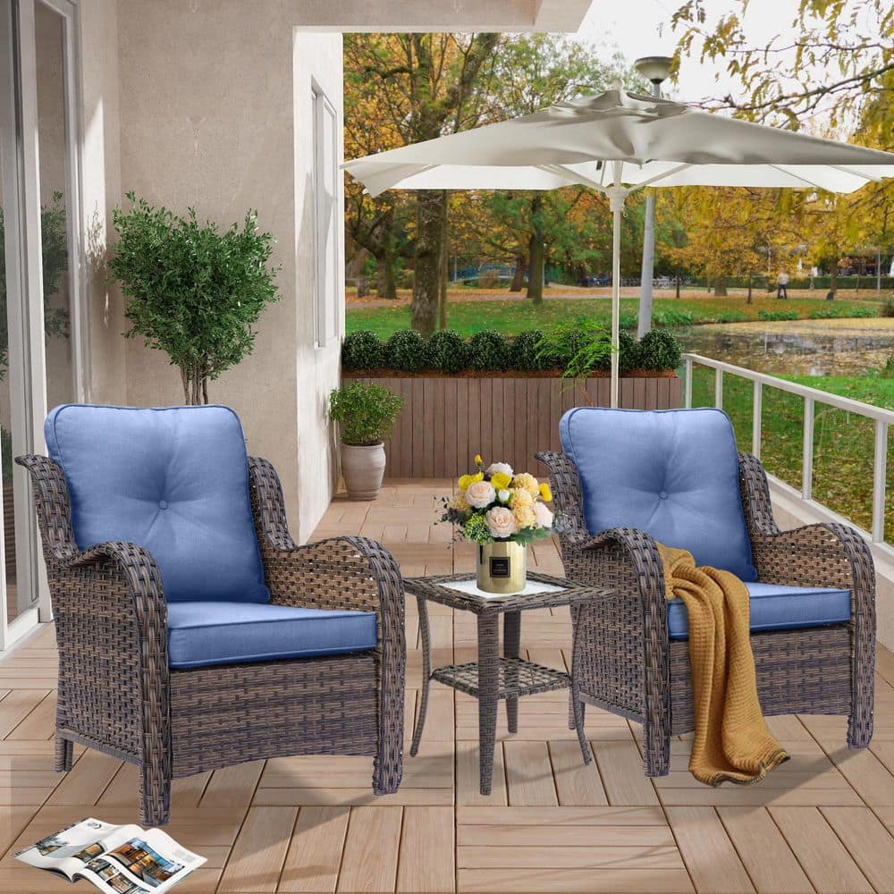 Brown 3-Piece Wicker Outdoor Patio Conversation Seating Arm Chairs Set with Denim Blue Cushions price history on PriceWatchPro