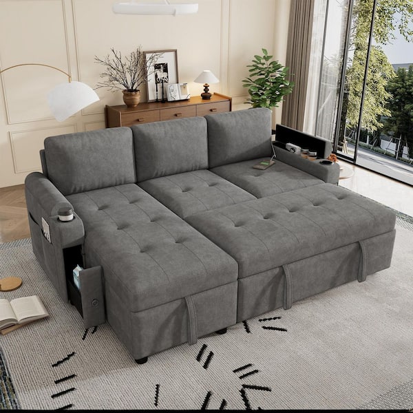 Harper & Bright Designs 83.5 in. Gray Chenille Twin Size Sofa Bed with Reversible Chaise Lounge, Storage Arms, USB Ports, Cup Holders