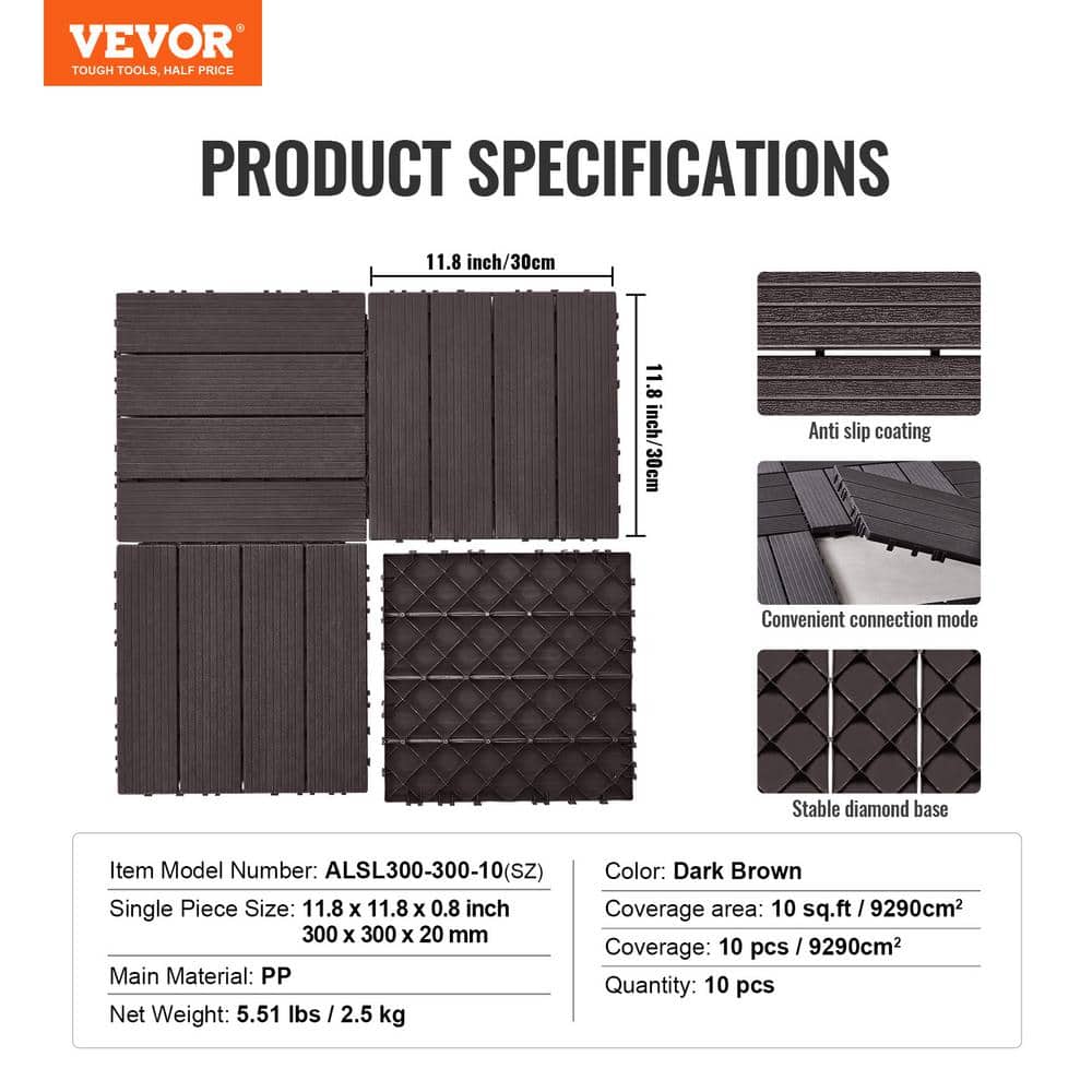 Dark Brown Waterproof Interlocking Deck Tiles 12"x12" 10-Pack