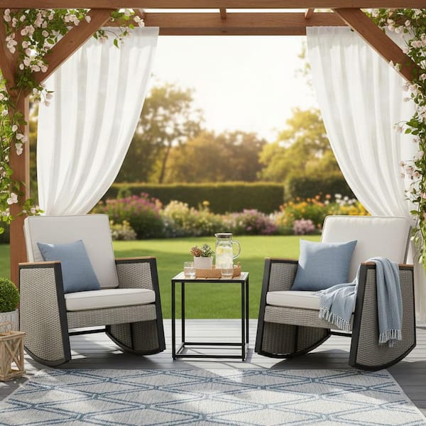 Madrid Gray 3-Piece Wicker Steel Outdoor Rocking Chat Set with Gray Cushions