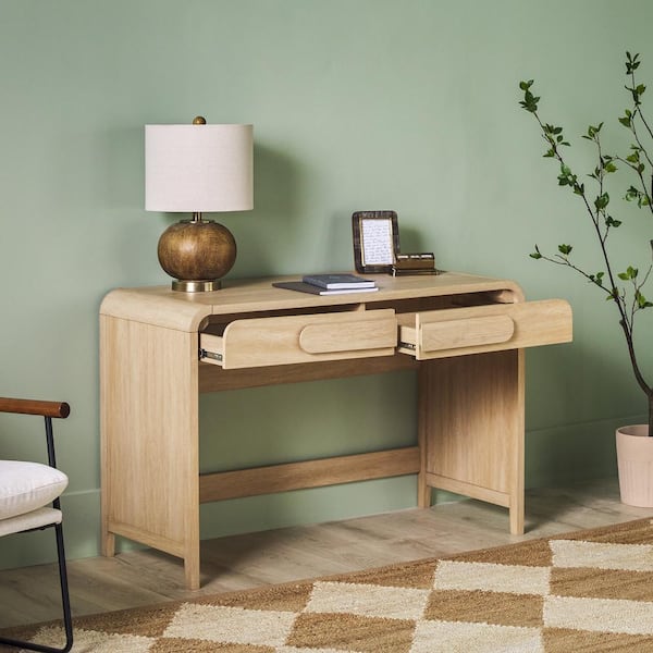 Modern 45 in. Rectangular Coastal Oak Wood 2-Drawer Waterfall Desk with Curved Statement Pulls