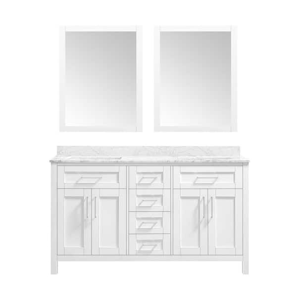 Tahoe 60 in. Double Sink White Bath Vanity with Carrara Marble Top, Integrated Power Outlet, and Mirrors (Assembled)