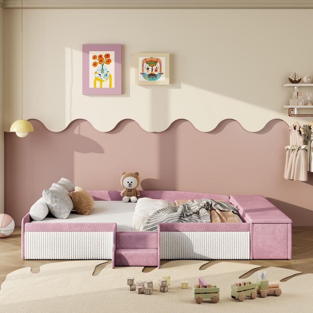 Polibi Pink/White Full Size Daybed with Stairs & Gas Lift Storage