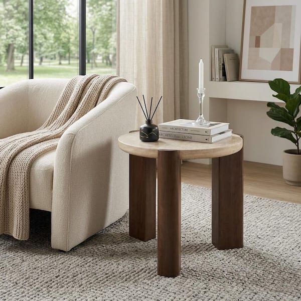 Acme Furniture Palisade 22 in. Dark Oak Round Travertine Stone End
