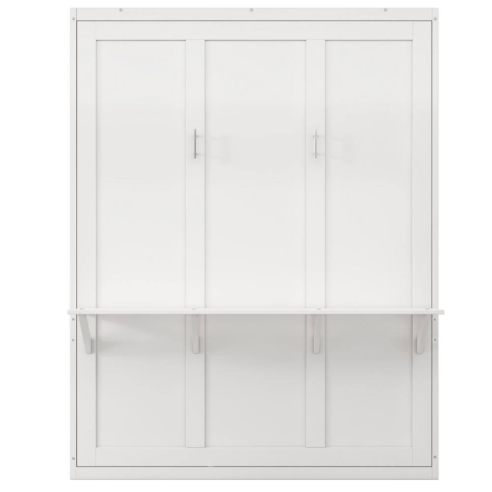 White Wood Frame Full Size Murphy Bed, Folding Wall Bed with Desktop - thumbnail 5