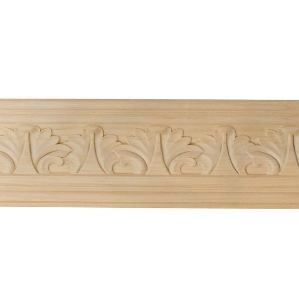 Ekena Millwork 3-5/8 in. x 94-1/2 in. x 3-1/4 in. Unfinished Wood Cherry Acanthus Leaf Carved Crown Moulding