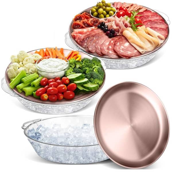 3 Set 11.8 in. Chilled Serving Tray for Parties with Compartments for Fruit, Seafood, Veggie, Cocktail, Rose Gold