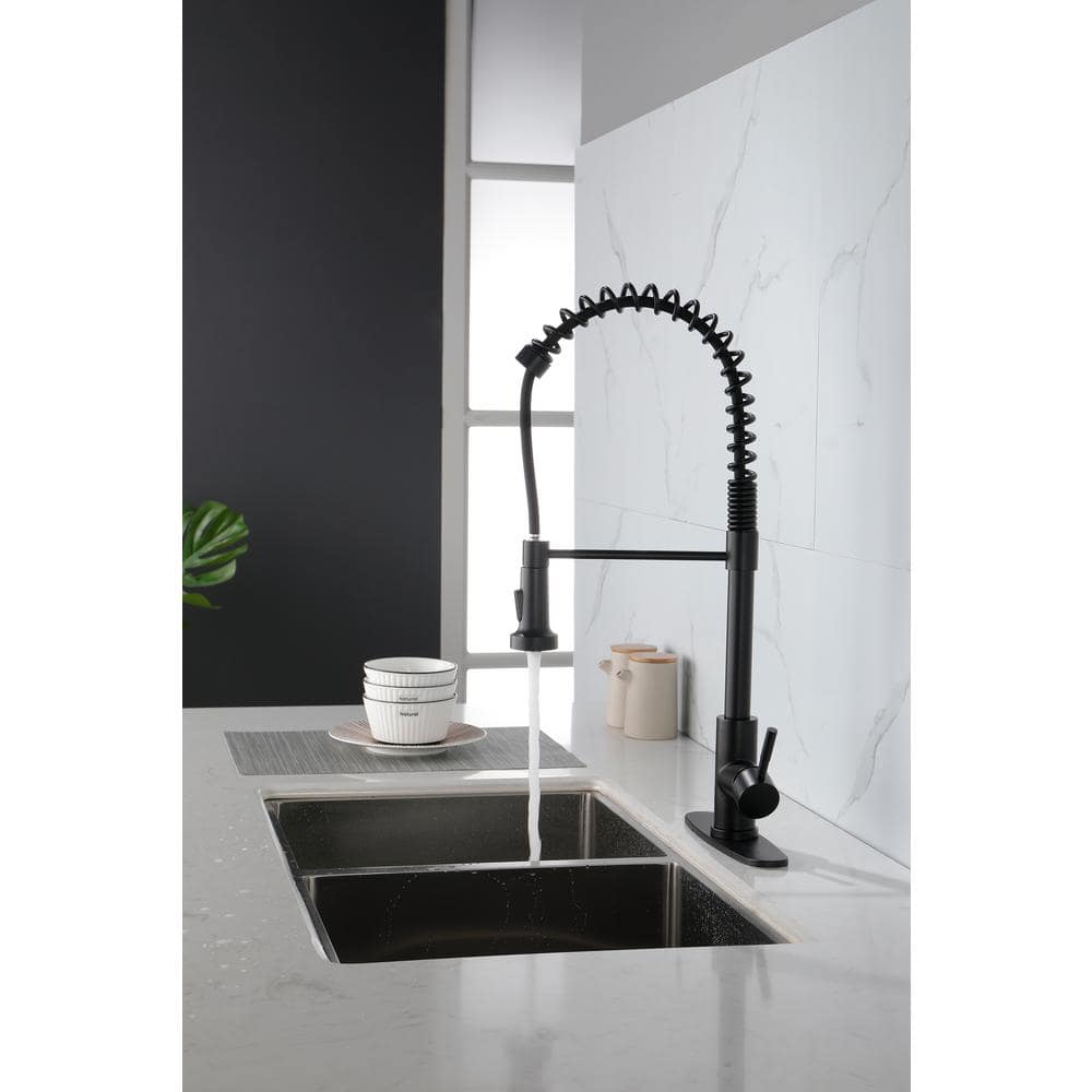 Matte Black Commercial Spring Kitchen Faucet with Pull-Out Sprayer