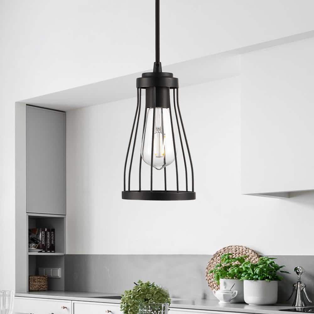 Matte Black Mini Cage Pendant Light with Glass Shade