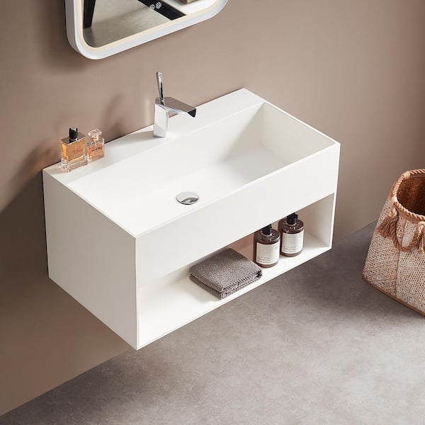 Modern Vanity Set Storage Shelf Wall Mounted Vanity Sink Mirror with Faucet  - Clearhalo