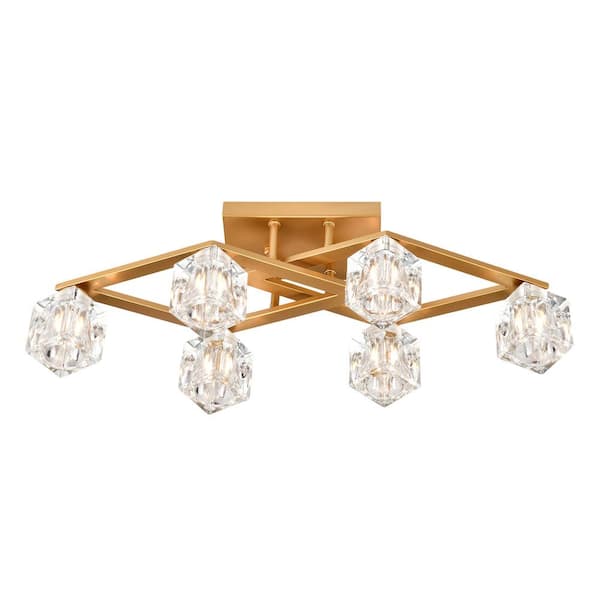 GMGSROM 24.9 in. Chandelier 6-Light Gold Modern Semi-Flush Mount With Crystal Shade and 6-G9 Bulbs Included