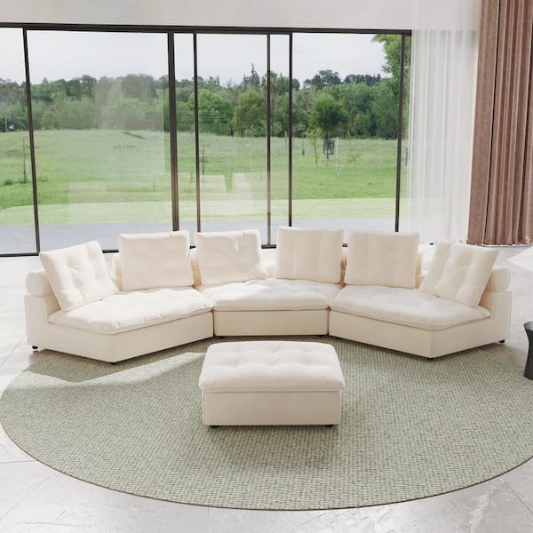 Magic Home 130 in. Square Arm Rectangle 3-Seater Frosted Velvet Free Modular Sectional Sofa with Ottoman in Beige