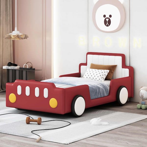 Polibi Red Wood Frame Twin Size Platform Bed with Wheels