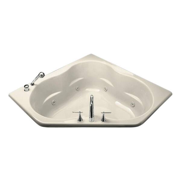 KOHLER 6060 Corner Whirlpool Tub with Flange, Front Drain in Almond-DISCONTINUED