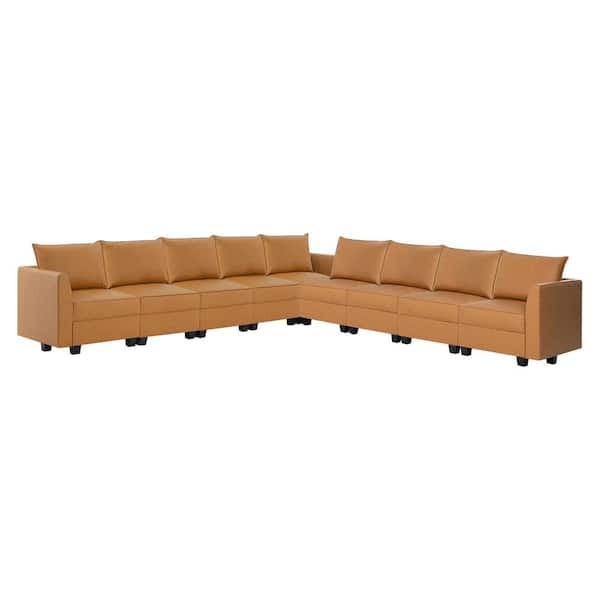 HOMESTOCK 138.59 in. Faux Leather Modern 9-Seater Upholstered Sectional Sofa with Double Ottoman in Caramel