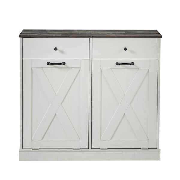 Double Door Trash Can Tilt Trash Cabinet Kitchen Trash Can-White