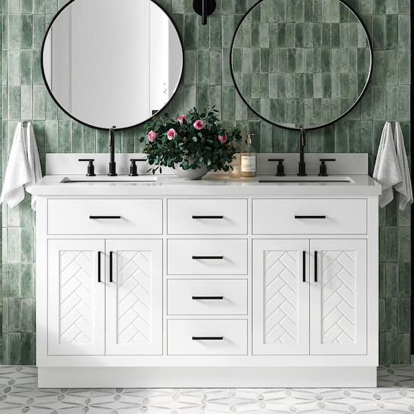 Herringbone 60 in. Double Sink Freestanding Bath Vanity in White with and Pure Quartz Top