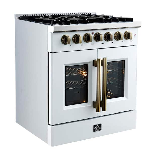 Galiano 30 in. French Door Dual Fuel Range, White and Antique Brass, 4.32 cu. ft. True Convection Oven