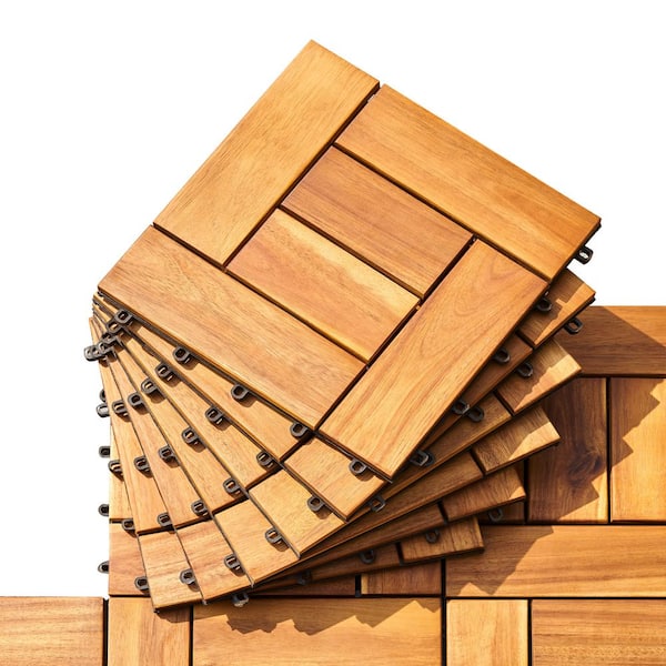 Unbranded 1 ft. W x 1 ft. L Eucalyptus Interlocking Wooden Deck Tile in Brown(Set of 10)