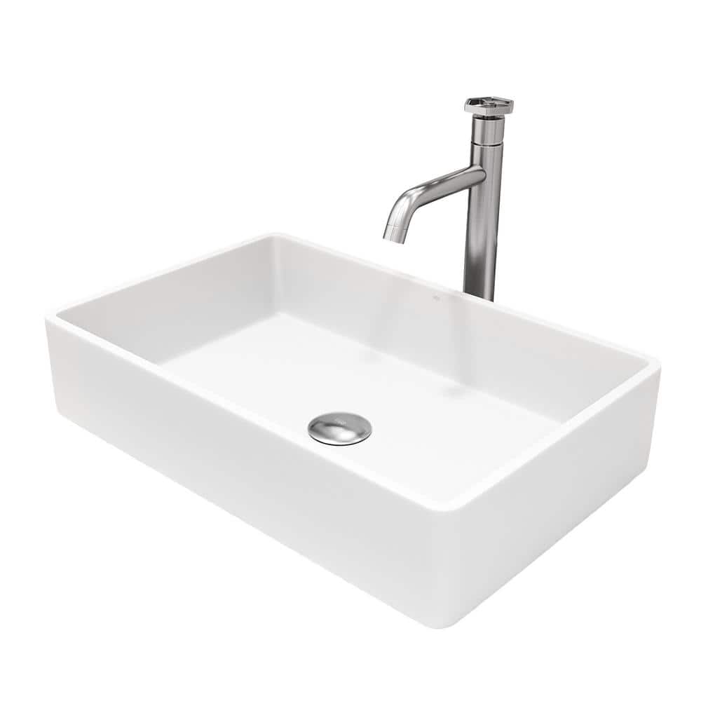 Magnolia Matte White Stone Rectangular Vessel Sink with Faucet
