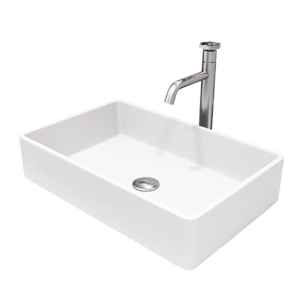 Matte Stone Magnolia Composite Rectangular Vessel Bathroom Sink in White with Faucet and Pop-Up Drain in Brushed Nickel