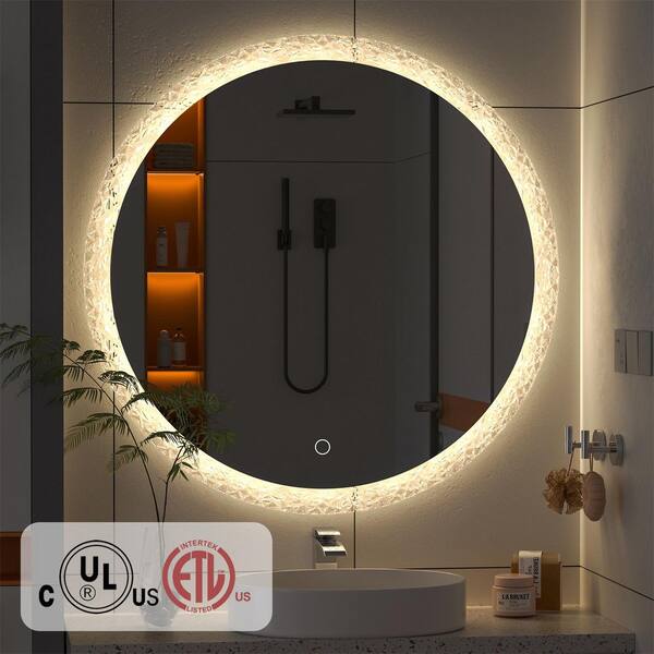 YULIKA 32 in. W x 32 in. LED Acrylic Decorative Mirror Round Bathroom ...