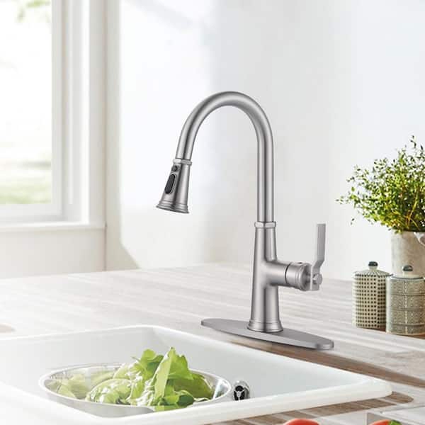 16.7 in. Brushed Nickel 3-Mode Single Handle Pull Down Sprayer Kitchen Faucet with 360° Spout Swivel in Stainless Steel
