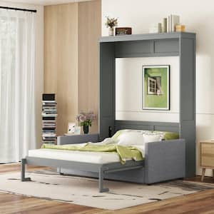 Gray Wood Frame Queen Size Murphy Bed with Seat Cushions