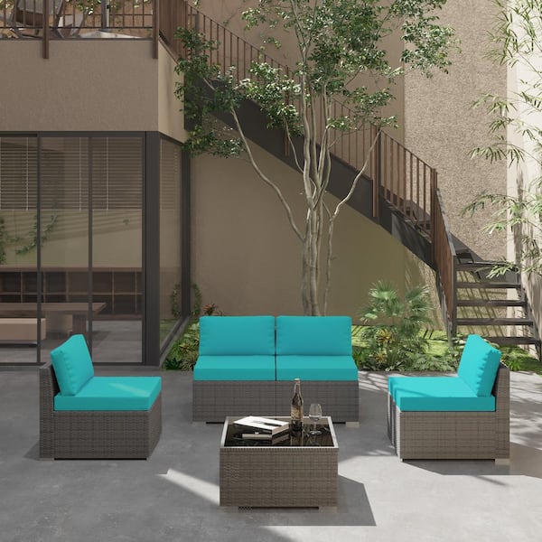 Gardenbee 5-Piece Wicker Outdoor Patio Sectional Sofa Conversation Set with Coffee Table and Turquoise Cushions