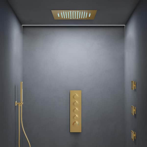 Aurora 20 in. Mood Light Quadruple Handles 15-Spray Shower Faucet 2.5 GPM with LED Bluetooth Anti Scald in Brushed Gold