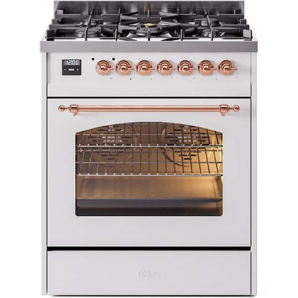 ILVE Nostalgie II 30 in. 5 Burner Freestanding Dual Fuel Range in White with Copper Trim