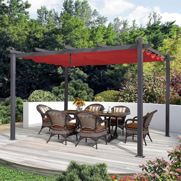 10 ft. x 12 ft. Gray Aluminum Frame Outdoor Patio Pergola Gazebo with Red Retractable Sun Shade Canopy for Garden
