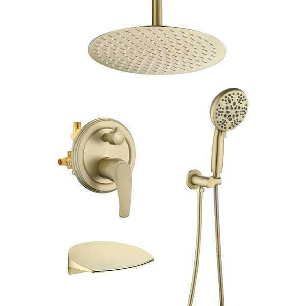 Single Handle 3-Spray Waterfall Tub and Shower Faucet 2.5 GPM, 12 in. Head Shower in Brushed Gold Valve Included