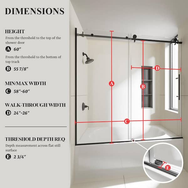 Nexus 60 in. W x 60 in. H Sliding Semi-Frameless Tub Door in Matte Black Finish with Clear Tempered Glass