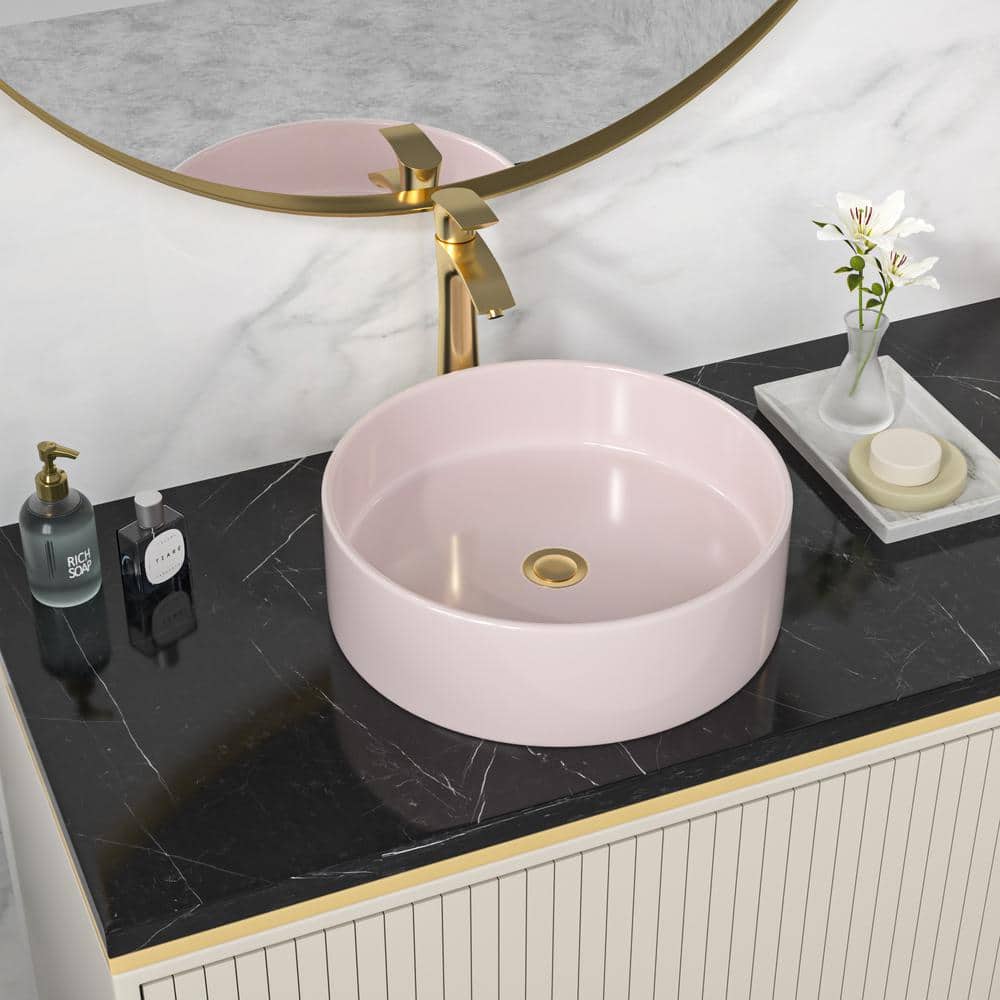 16" Pink Round Ceramic Vessel Bathroom Sink