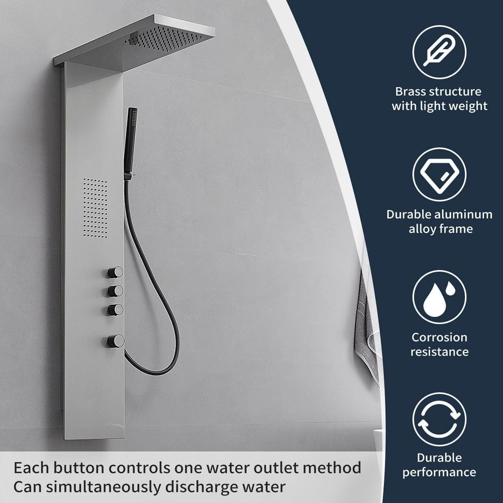 Brushed Nickel Multi-Function Shower Panel with Rainfall and Massage Jets