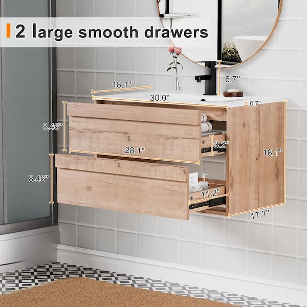 30 in. W x 18.1 in. D x 18.1 in. H Single Sink Bath Vanity in Oak with White Ceramic Top and Drain Faucet Set