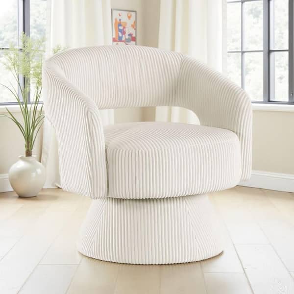 Rayne Ivory Corduroy Arm Side Chair with Round Metal Swivel Base