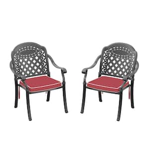 Black Stackable Cast Aluminum Patio Outdoor Dining Chairs with Random Color Seat Cushions (Set of 2)