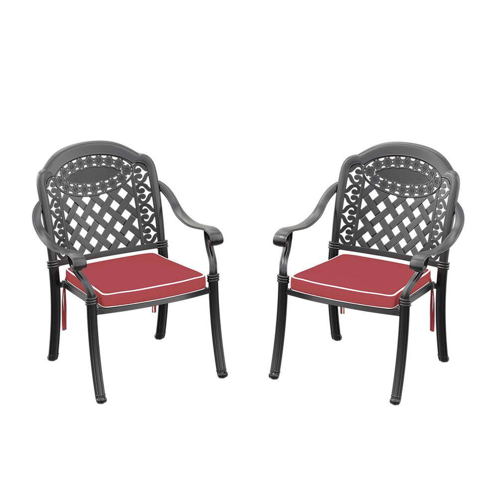 Matte Black Cast Aluminum Outdoor Dining Armchairs with Multicolor Cushions