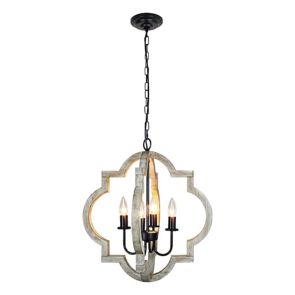Rviezza 4-Light Farmhouse Wood Chandelier, 19.49 in. Rustic Beige Chandelier for Kitchen Island Over Dining Table