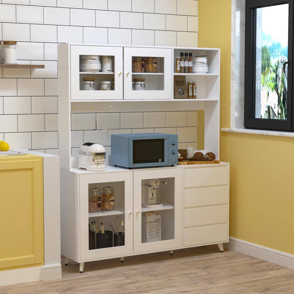 White wood buffet sideboard pantry cabinet in a kitchen.