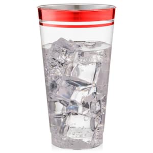 16 oz. 2 Line Red Rim Clear Disposable Plastic Cups, Party, Cold Drinks, (100/Pack)