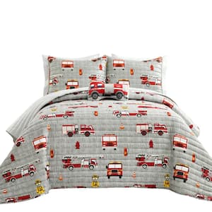 Make A Wish Fire Truck Polyester Quilt Red/Gray 4-Piece Set Full/Queen