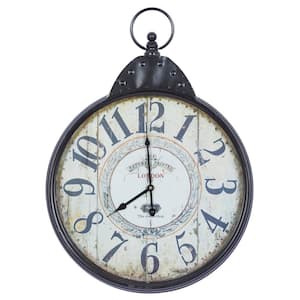20 in. x 28 in. Black Metal Distressed Pocket Watch Inspired Wall Clock with Beige Clockface