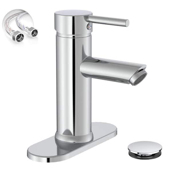 Simple Single-Handle Single-Hole Bathroom Brass Sink Faucet with Pop-Up Drain Assembly Kit Included in Polished Chrome