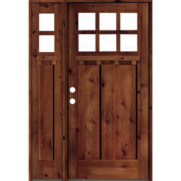 Krosswood Doors 50 in. x 80 in. Craftsman Alder Right-Hand Clear Glass Red Chestnut Stain Wood Prehung Front Door/Left Sidelite with DS
