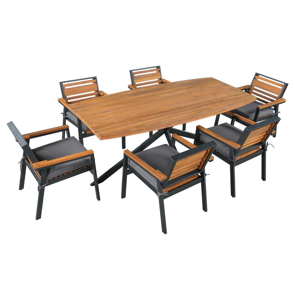 7-Piece Acacia Wood & Iron Outdoor Dining Set with Gray Cushions-1 Table and 6 Chairs price history on PriceWatchPro