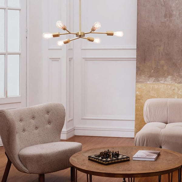 6-Light Matte Brass Chandelier with Adjustable Hanging Height